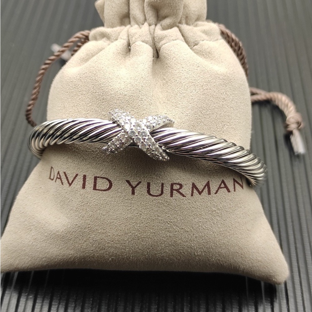 David Yurman Silver Cable X Bracelet with Pavé Diamonds - Silver